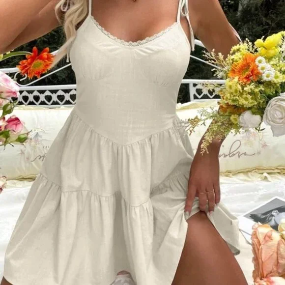 beige Ruffle Hem Lace Trim Cami Dress - Picture 3 of 5